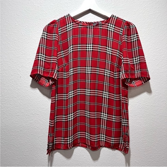 🆕 Vince Camuto 💌 Short Sleeve Shoulder Plaid Blouse Red Burnt Amber top size S - Picture 2 of 8